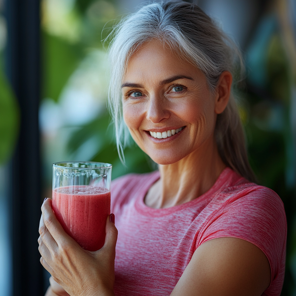 Жінка 58 років в спортивному одязі тримає склянку смузі та посміхається, демонструючи результати здорового харчування